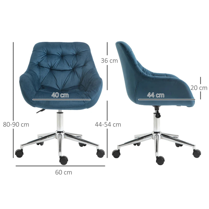 Vinsetto Blue Velvet Ergonomic Home Office Chair - Adjustable Height, Arm & Back Support, Comfy Desk Chair for Work