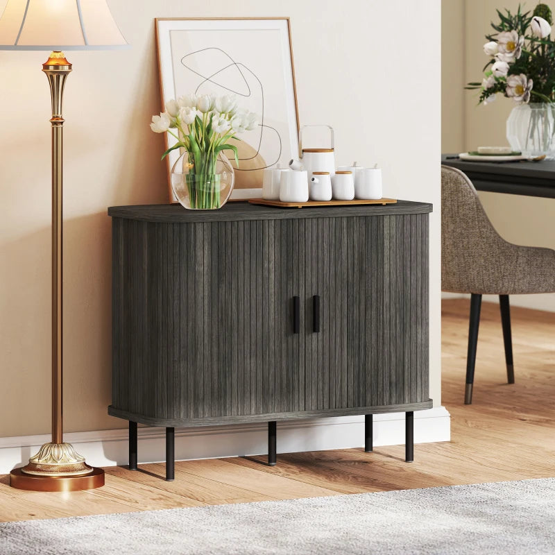 Mid-Century Modern Sideboard Storage Cabinet with Slatted Tambour Doors & Steel Legs - Stylish Grey Kitchen Cabinet