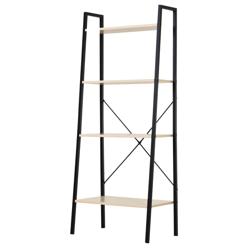 4-Tier Industrial Ladder Shelf - Stylish Oak & Black Bookshelf for Living Room, Bedroom, Kitchen Storage