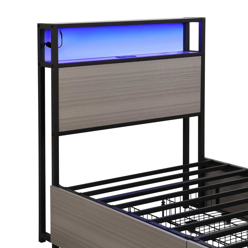 Metal Single Bed with LED Light Strip, 4 Drawers & 3 USB Ports - Stylish Grey Bedroom Furniture, 207x90.5x105 cm