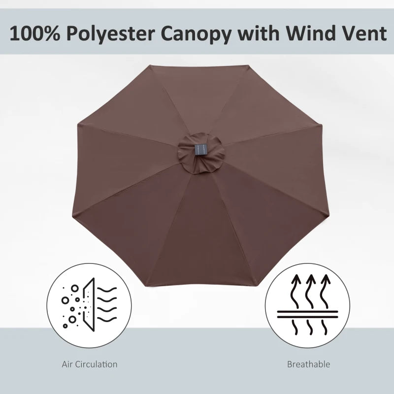 2.7m Solar LED Patio Umbrella with Crank Tilt - Coffee Brown