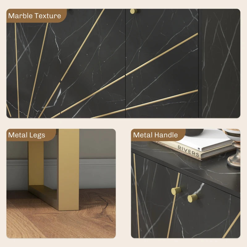 Modern Sideboard Storage Cabinet with Adjustable Shelves & Metal Legs - Black Marble Tone for Living Room, Kitchen, Dining Room, Entryway