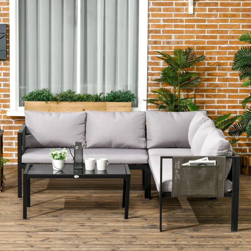 Grey Metal-Framed Garden Corner Sofa With Breathable Mesh Side Pockets