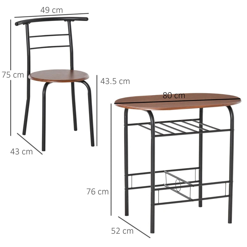 3 Piece Metal Frame Wood Top Dining Table Set with Storage Shelf and 2 Chairs for Breakfast Bar or Dining Room