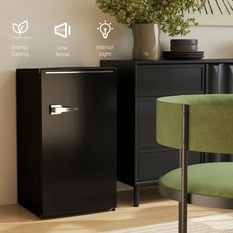 85L Retro Under Counter Fridge with Chiller Box, Adjustable Thermostat & Glass Shelves - Black Small Refrigerator