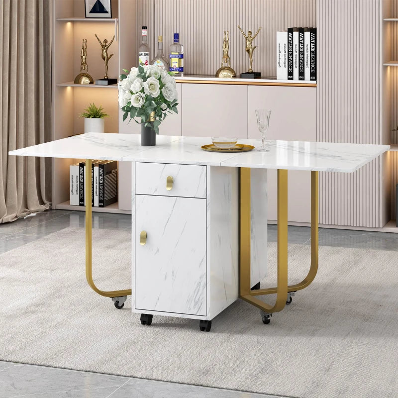 Folding Extendable Dining Table with Cupboard & 2 Drawers - Space-Saving Utility Table on Castors, Adjustable Legs, White/Gold