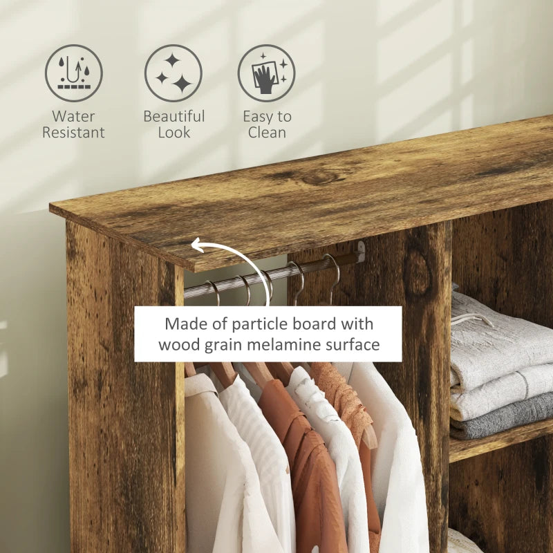 Rustic Brown Double Mobile Open Wardrobe with 6 Wheels and Storage Shelves Organizer