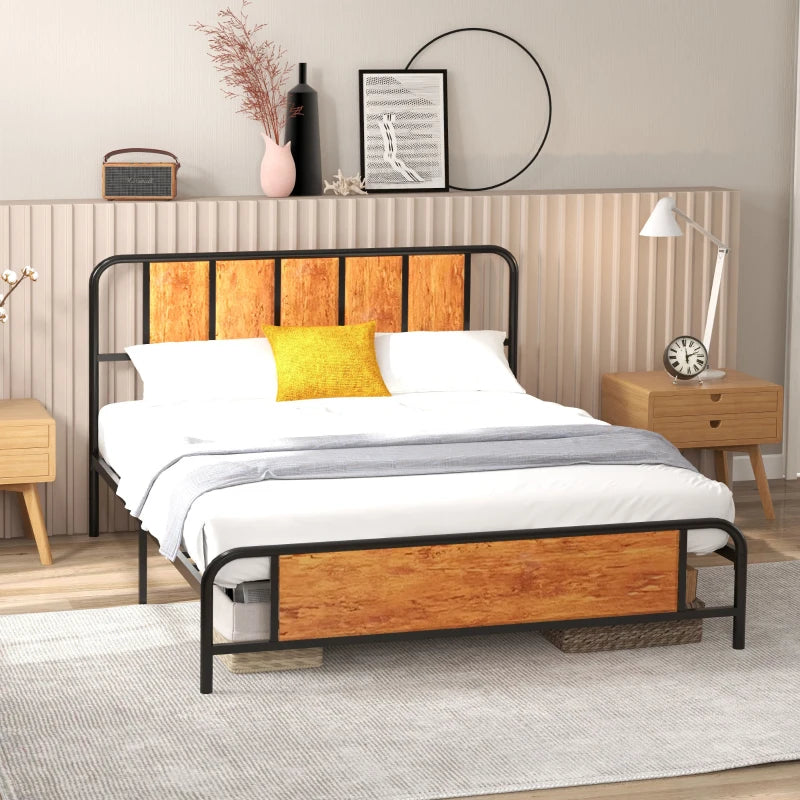 5.2ft King Bed Frame with Industrial Wood Headboard, Steel Slats & 31cm Underbed Storage - Rustic Brown, 160x207cm