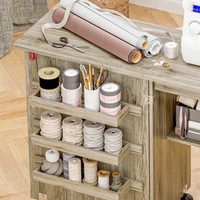 Folding Sewing Table with Drop Leaf & Storage Bins - Rolling Craft Table for Small Spaces, Grey