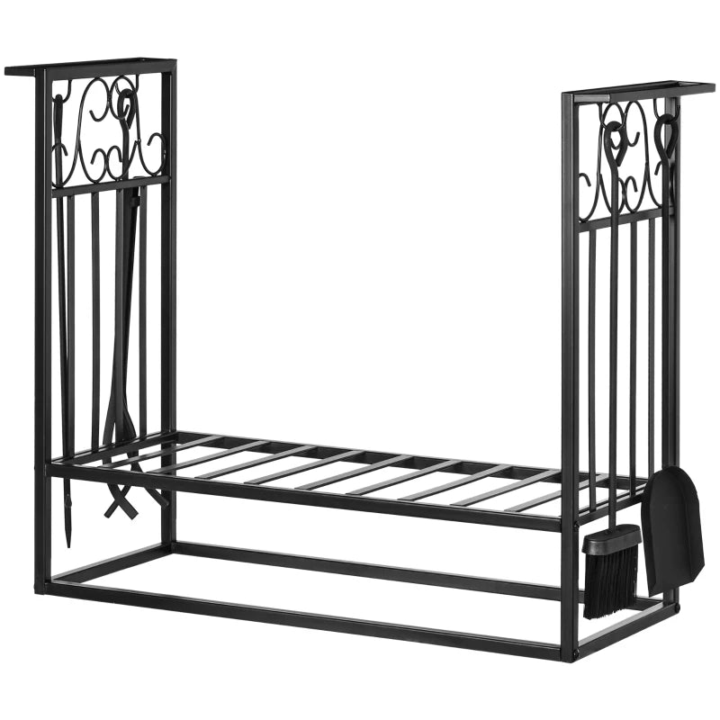 Steel Firewood Log Holder Rack - Indoor Outdoor Fireplace Wood Storage with Tools, Hooks, Rust-Resistant, Black, 75L x 30W x 60H cm