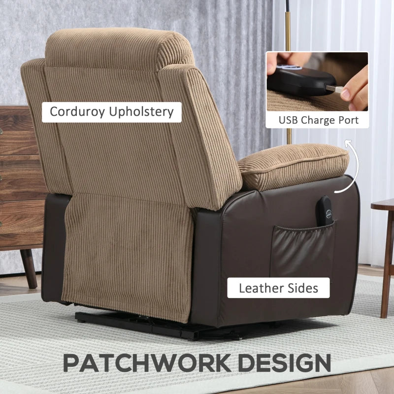 Oversized Electric Riser Recliner Chair for Elderly with Remote Control, USB Port and Side Pockets in Brown