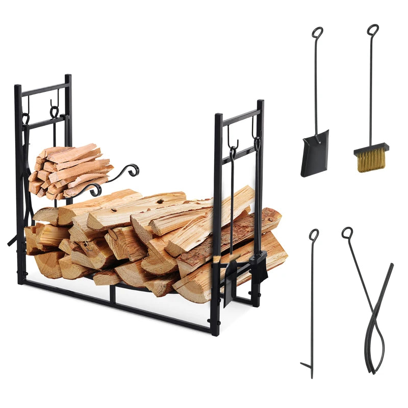 Metal Firewood Log Holder Rack - 2 Tier Indoor Outdoor Fireplace Storage with Tools & Hooks, Black, 84W x 33D x 76H cm