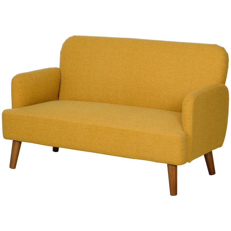 Velvet Feel Fabric 2-Seater Loveseat Sofa with Thick Padding and Wooden Legs in Yellow