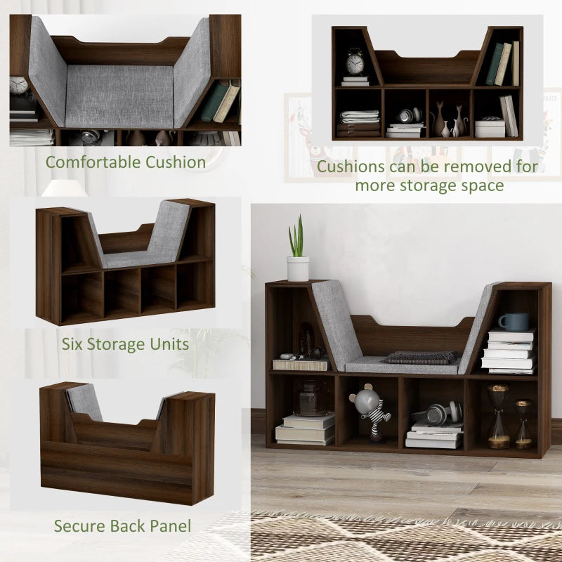 Chestnut Bookcase Storage Shelf with Cushioned Reading Seat - Cube Bookshelf Organizer for Bedroom & Living Room