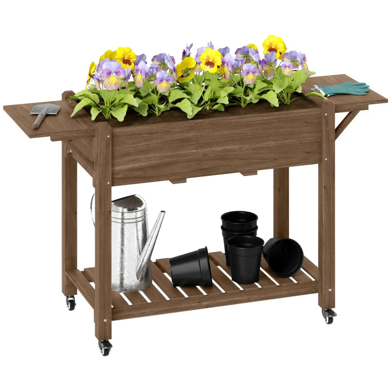 Wooden Elevated Planter Box with Lockable Wheels, Side Tables, and Bottom Shelf - Carbonised 120cm Garden Bed for Vegetables, Flowers, and Fruits