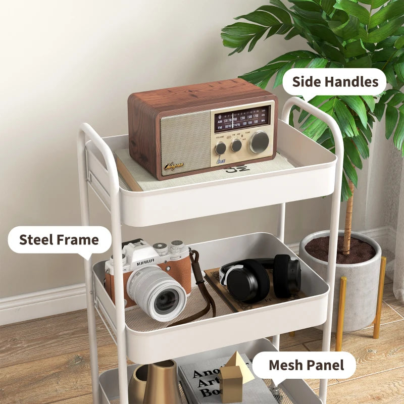 Three-Tier White Steel Storage Trolley - Versatile Rolling Cart for Kitchen, Office, and Home Organization