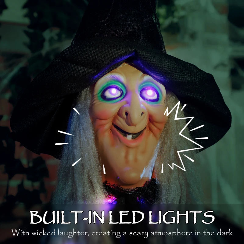 183 cm Life Size Animated Hanging Witch with Glowing LED Eyes - Spooky Halloween Decoration, Battery Operated Indoor Party Prop