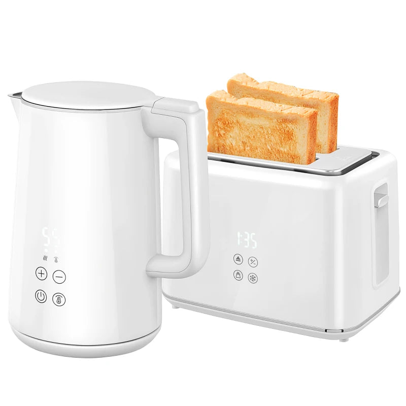 Polished Stainless Steel White Kettle and Toaster Set - Modern Kitchen Appliances for Stylish Cooking and Brewing