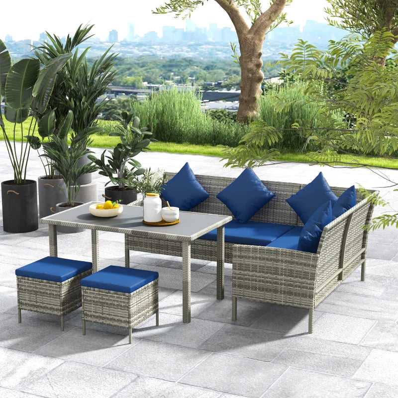 5-Piece Dark Blue Rattan Garden Furniture Set with Dining Table and Cushions - Outdoor Patio Seating