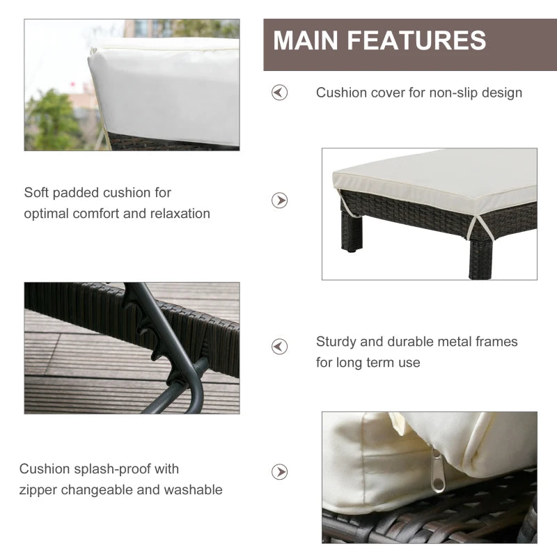 2 Seater Rattan Sun Lounger Set - Brown/Cream White