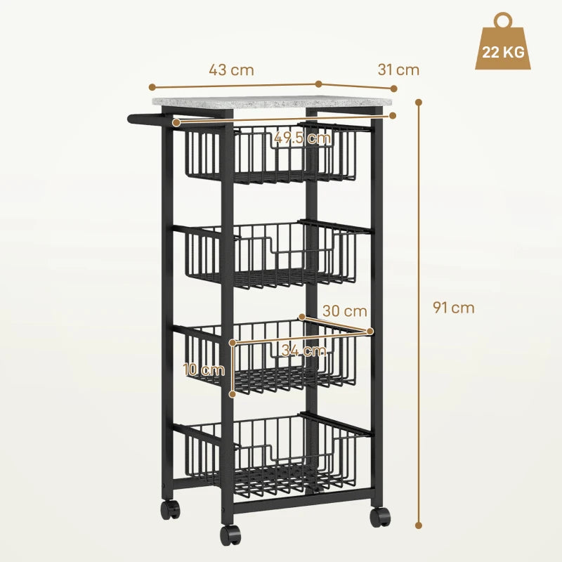 Stylish Grey/Black Four Basket Mobile Kitchen Island with Brakes - Perfect for Storage and Space-Saving Solutions