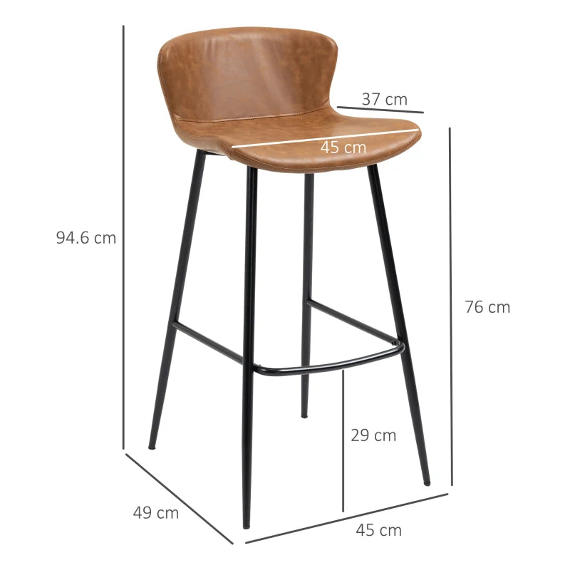 Set of 2 Brown PU Leather Bar Stools with Backs, Steel Legs & Footrests - Stylish Kitchen Counter Chairs