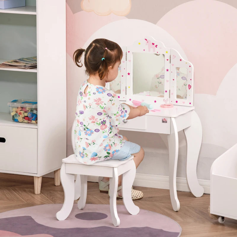 Kids Vanity Table Set with Tri-Folding Mirror and Stool Makeup Dressing Table with Drawer White
