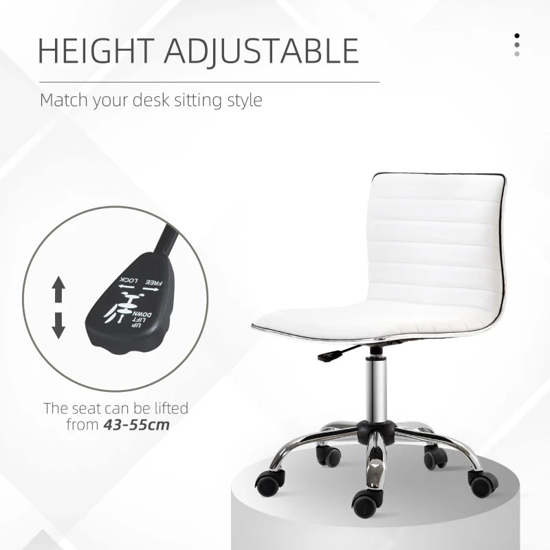 Adjustable Swivel Office Chair - Armless Mid-Back Design in White PU Leather with Chrome Base for Modern Workspaces