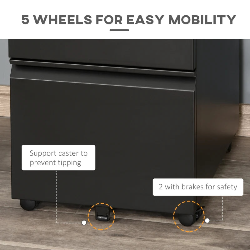 Vinsetto Mobile 3 Drawer Metal Filing Cabinet - Anti-Tilt Design for Letter, A4, Legal Size - Black Office Storage