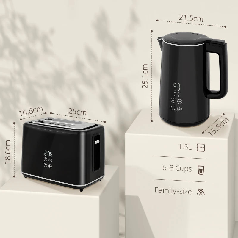 Polished Black Stainless Steel Kettle and Toaster Set - Stylish Kitchen Appliances for Modern Homes