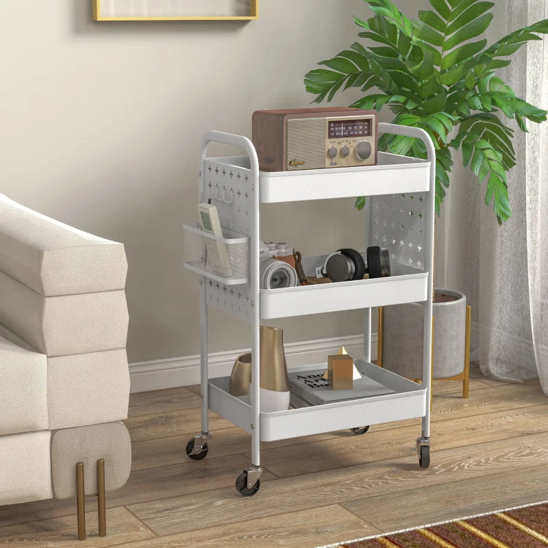 3-Tier Rolling Storage Trolley with Mesh Baskets, Hanging Boxes & Hooks - Versatile Utility Cart for Kitchen & Living Room - White