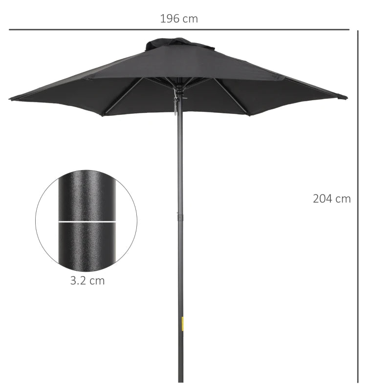 Black 2m Outdoor Garden Parasol Umbrella with 6 Sturdy Ribs