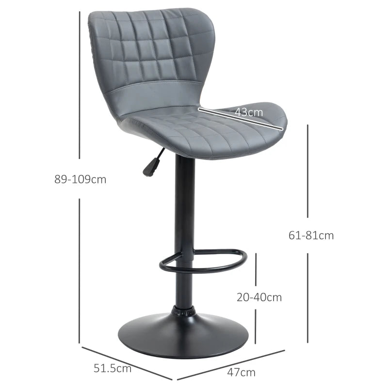Adjustable Height Swivel Bar Stools Set of 2 - Grey PU Leather Chairs with Backrest & Footrest