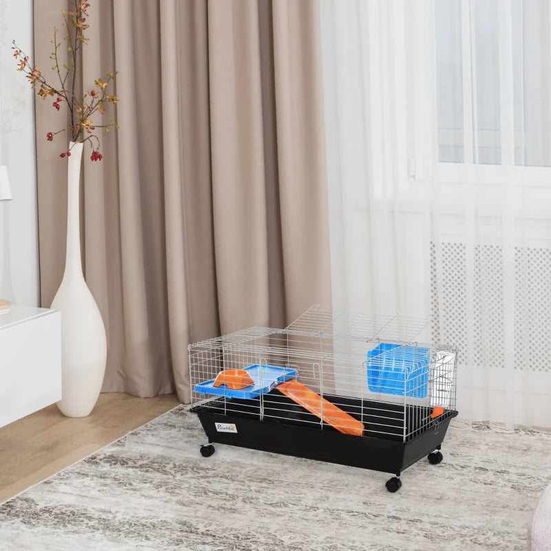 Spacious Small Animal Cage for Rabbits, Guinea Pigs & Chinchillas - Includes Wheels, Water Bottle, Food Dish, Ramp - 89x44x43 cm Black