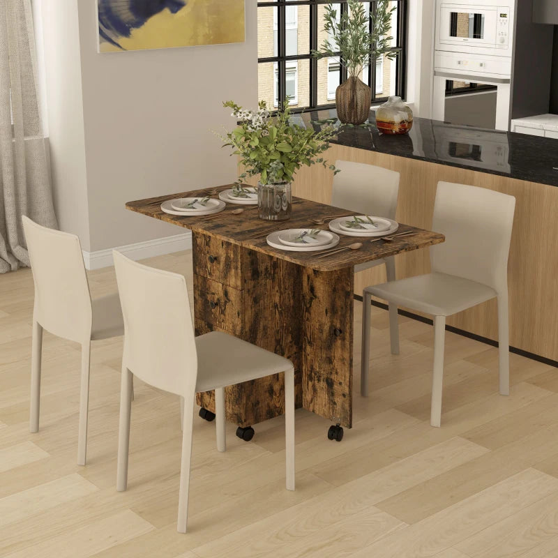Rustic Brown Multi-Storage Drop Leaf Dining Table for Six - Space-Saving Design, Perfect for Family Gatherings