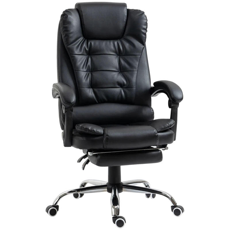 Executive PU Leather Office Chair with Swivel Wheels, Reclining Backrest & Retractable Footrest - Ergonomic Black Home Office Seating