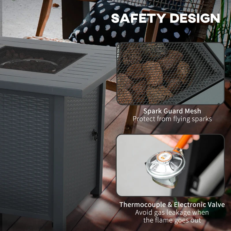 Square Grey Rattan-style Propane Gas Fire Pit Table - 40,000 BTU Smokeless Patio Heater with Thermocouple, Lava Rocks, Waterproof Cover, Spark Guard and Lid