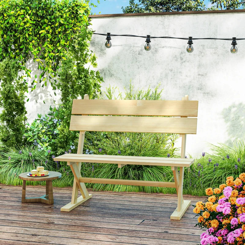 2 Seater Wooden Garden Bench - Natural Fir Wood Outdoor Loveseat with Slatted Seat, Sloping Back, and Wide Feet for Patio and Park