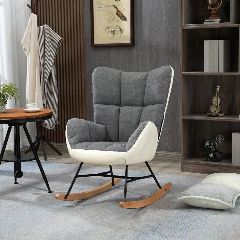 Soft Padded Rocking Wingback Armchair with Wooden Legs in Grey and Cream for Stylish Comfort