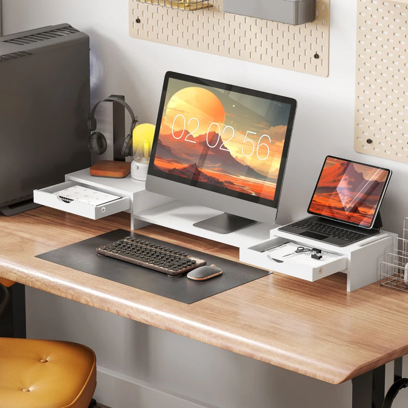 Dual Monitor Stand Riser with 2 Drawers - Adjustable Length & Angle, 116cm for Laptop, PC, Printer - White