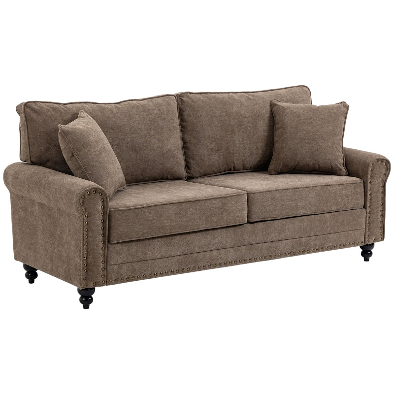 Stylish 3 Seater Fabric Sofa with Rubber Wood Legs and Extra Cushions for Living Room, Brown, 196W x 80.5D x 89H cm
