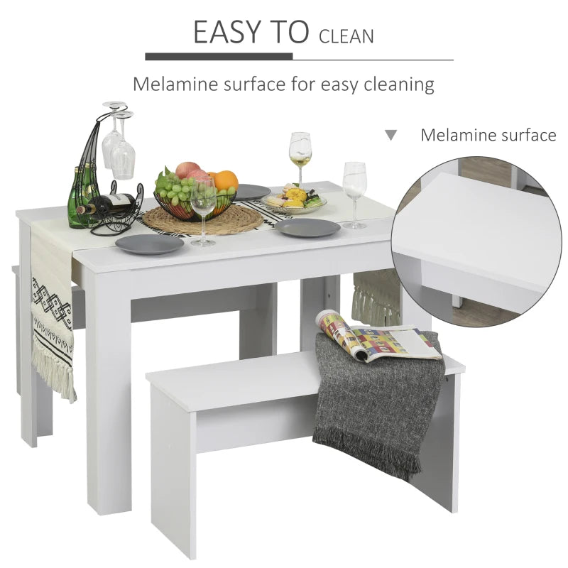 Compact White Kitchen Dining Table Set with 2 Benches - Space-Saving Table and Chairs for Small Areas