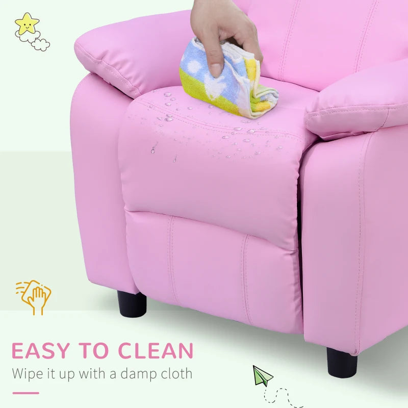 Kids Pink Sofa Armchair Recliner - PU Leather Toddler Lounger with Storage for Games & Playtime