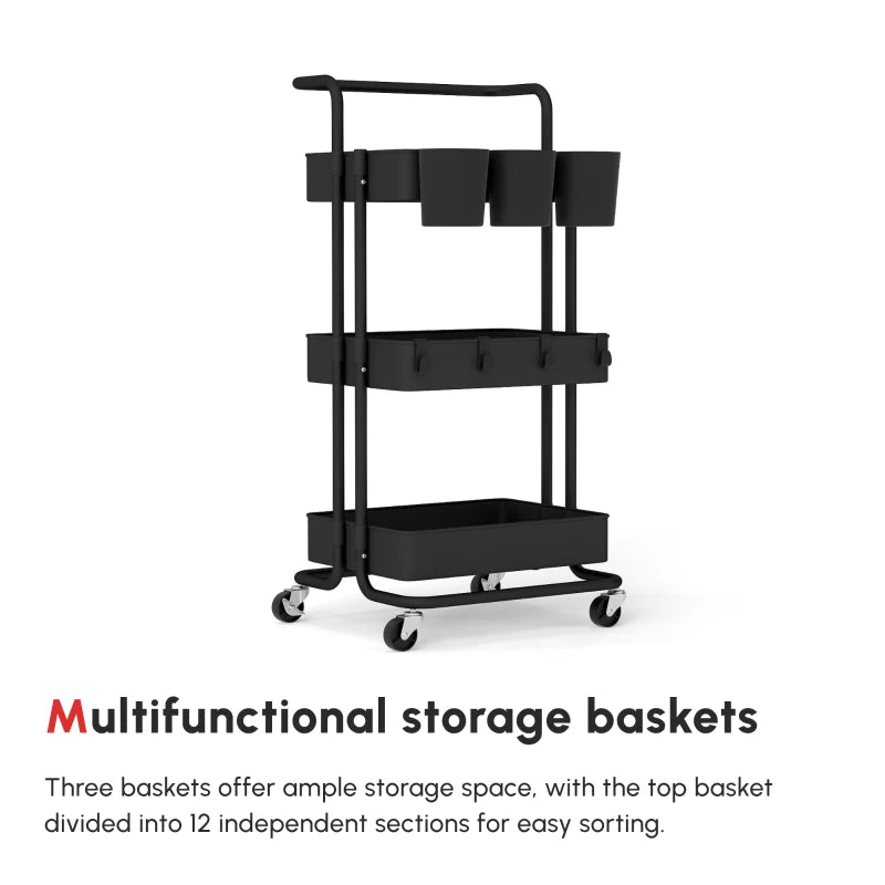 Versatile Black Three-Tier Home Trolley with Handle & Wheels - Perfect for Kitchen, Living Room, or Office Storage