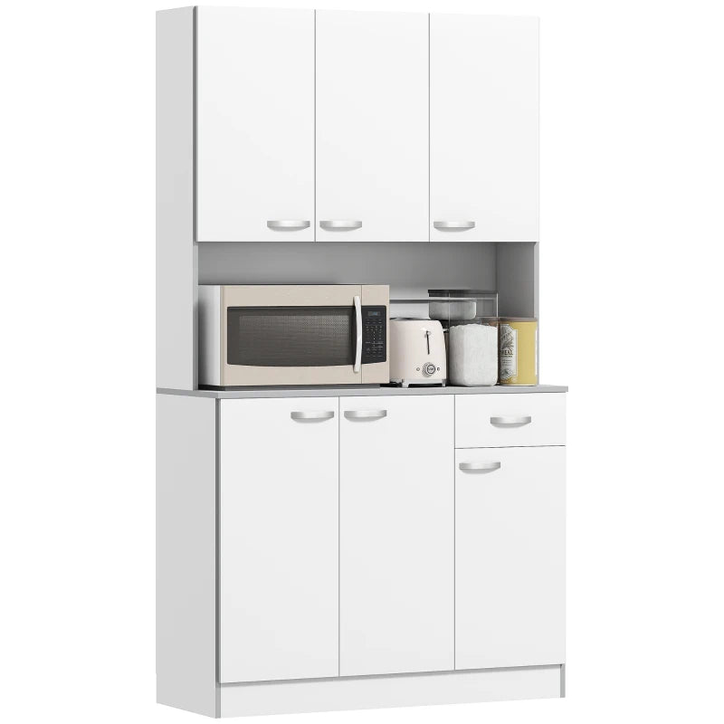 Freestanding White Kitchen Storage Cabinet with 6 Doors Adjustable Shelves and Open Countertop