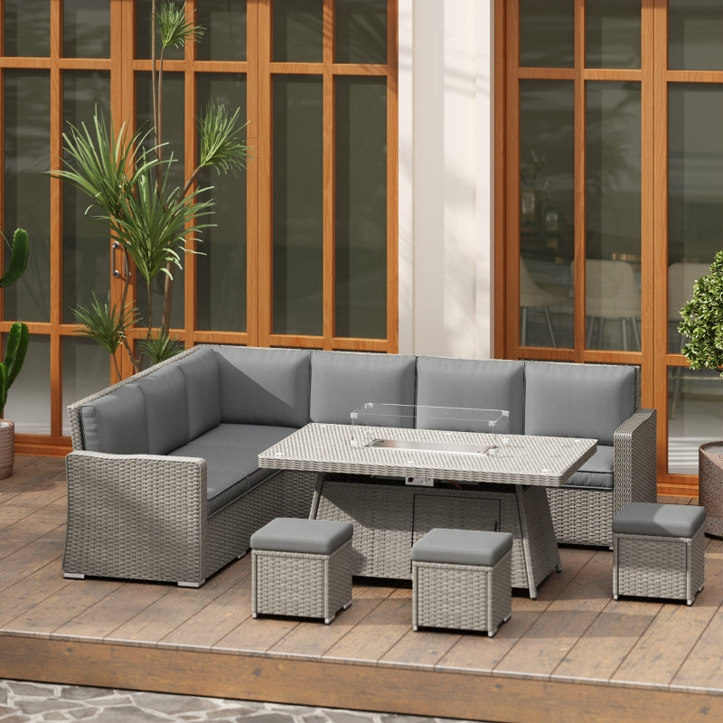 7-Piece Grey Rattan Sofa Set with Firepit Table - Outdoor Patio Furniture