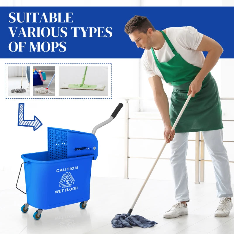 20L Compact Mop Bucket on Wheels with Water Separation Panel - Blue | Ideal for Easy Cleaning and Storage