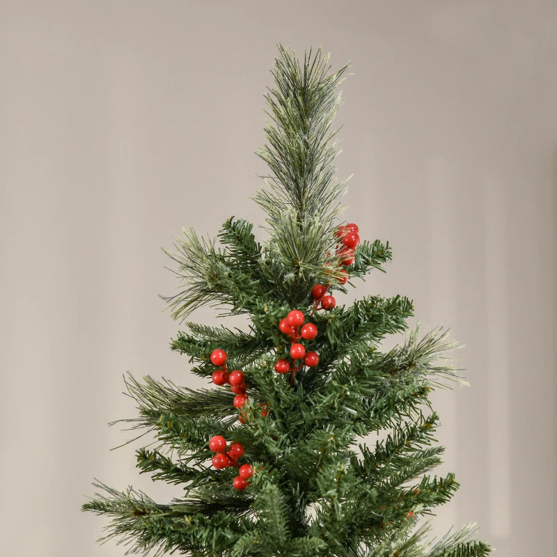 7ft Realistic Green Pencil Christmas Tree with Red Berries, Auto Open Feature - Perfect Holiday Decor