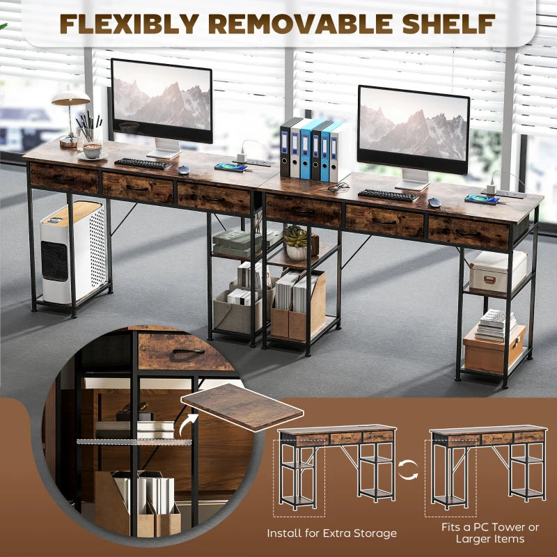 Rustic 120cm Computer Desk with Power Outlets, Fabric Drawers & Storage Shelves - Stylish Office Study Table in Brown