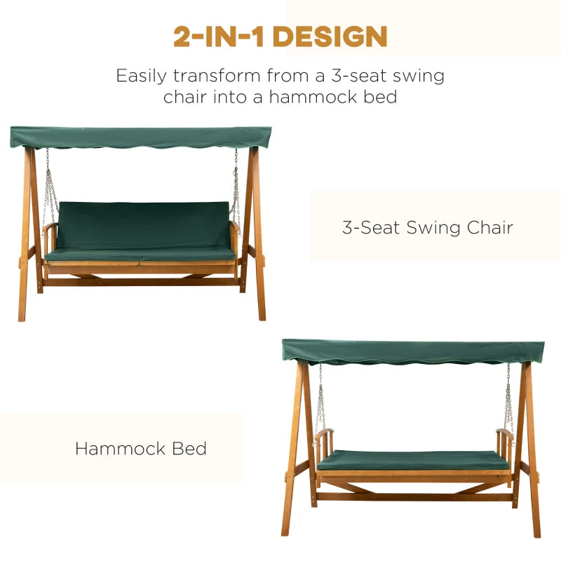 Dark Green 3-Seater Wooden Garden Swing Chair Hammock Bench